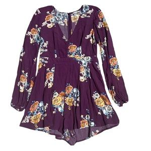 Size Small - Women's FOREVER 21 Maroon Floral L/S Romper Button Front V Neck